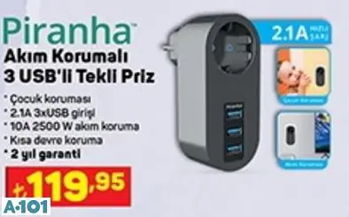 PİRANHA AKIM KORUMALI 3 USB'Lİ TEKLİ PRİZ PİRANHA AKIM KORUMALI 3 USB'Lİ TEKLİ PRİZ